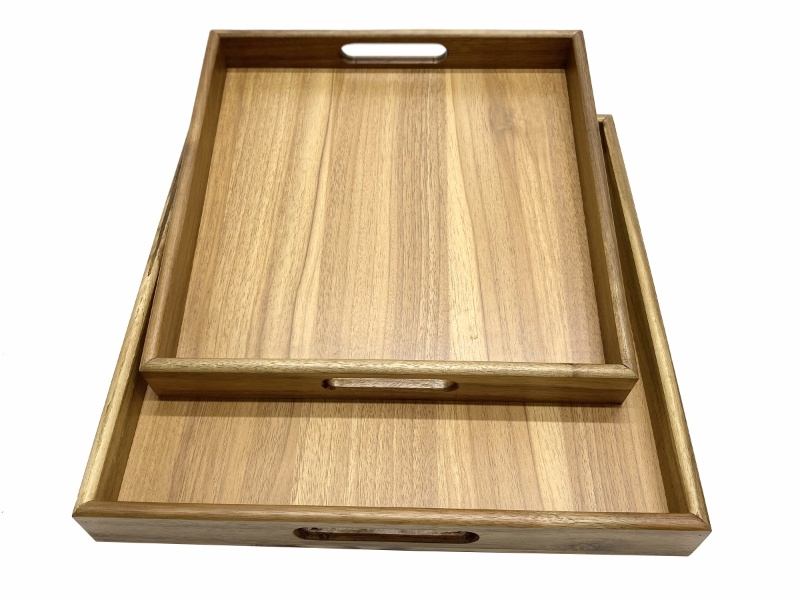 Refined Square Acacia Wood Serving Tray Set with Handles - Eco-friendly Kitchenware